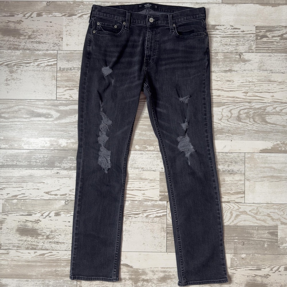 Hollister Jeans Mens 33x32 Gray Slim Straight Distressed Denim Stretch Dark Wash